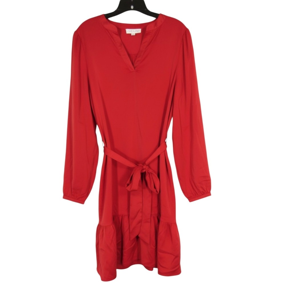 SHE + SKY Silky SATIN Dark Red RUFFLE HEM Belt V-NECK Popover A-LINE DRESS Sz XL